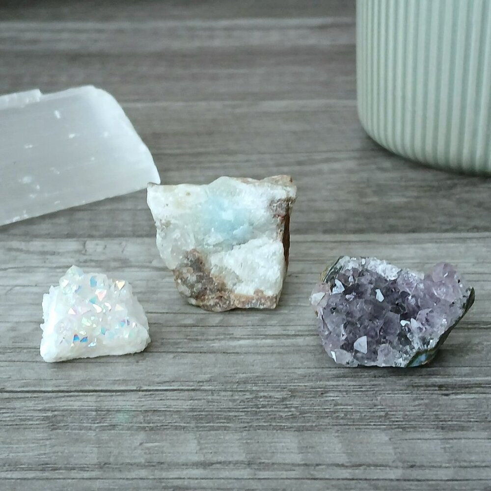 3 Piece crystal set, amethyst amazonite & aura quartz